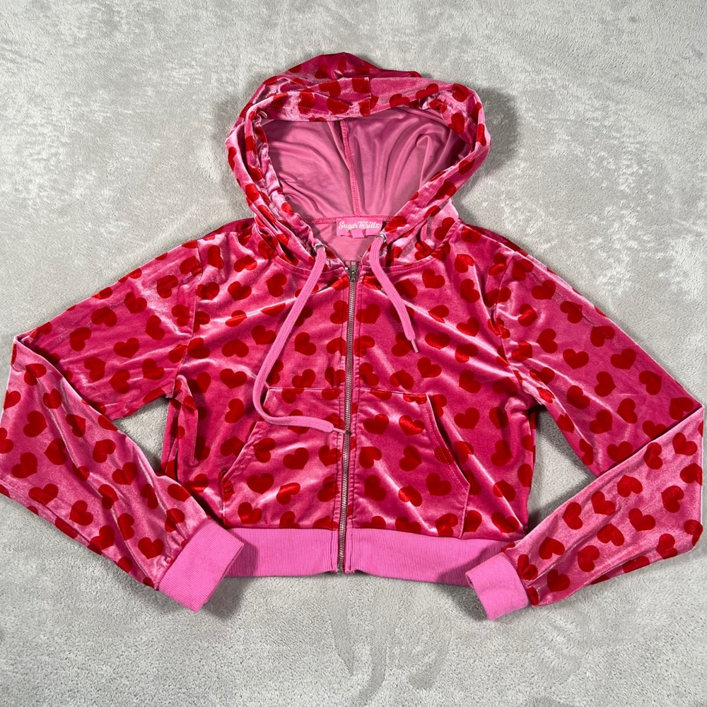 Sugar Thrillz Pink Heart Velvet Zip Up Cropped Hoodie Sweatshirt Women's Medium
